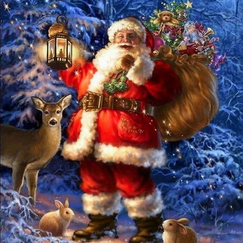 Woodland Santa, Christmas, holidays, lantern, woods, love four seasons, attractions in dreams, santa claus, xmas and new year, deer, winter, paintings, snow, winter holidays, rabbits, forests, gifts, HD wallpaper
