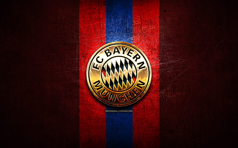 FC Bayern Munich, golden logo, Bundesliga, red metal background, football, Bayern Munich FC, german football club, FC Bayern Munich logo, soccer, Germany, FC Bayern Munchen, HD wallpaper