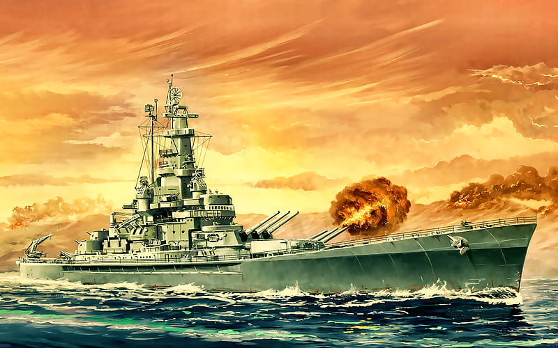 USS Massachusetts, artwork, BB-59, battleships, US army, battleship, United States Navy, LCS, US Navy, South Dakota-class, USS Massachusetts BB-59, HD wallpaper