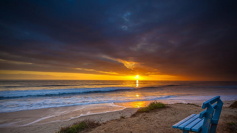 a gorgeous point of view, beach, sundown, bench, waves, clouds, sea, HD wallpaper