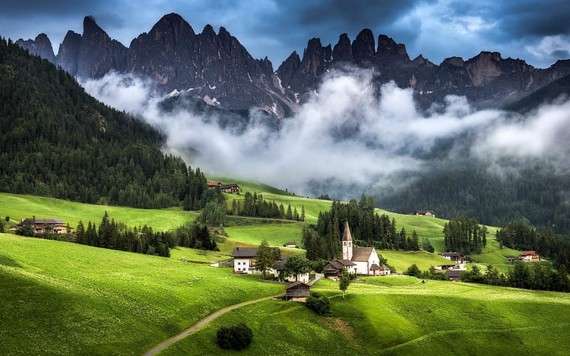 Italian Village in the Valley, mountains, village, nature, church, valley, italy, HD wallpaper