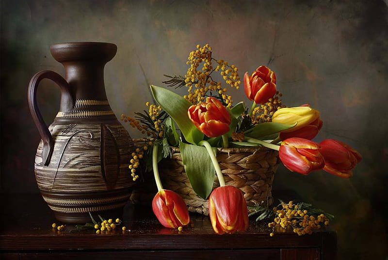 Still life, red, pretty, pot, bonito, graphy, nice, jug, flowers, beauty, tulips, tulip, harmony, amazing, lovely, colors, cool, bouquet, basket, flower, great, HD wallpaper
