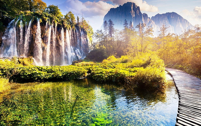waterfalls, lake, summer, croatia, mountains, evening, HD wallpaper