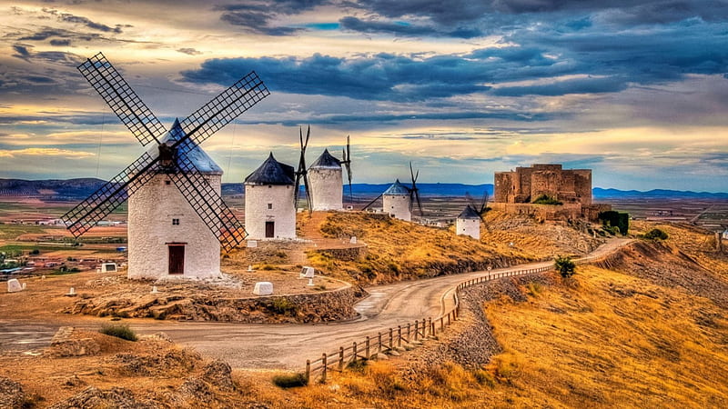 castle and beautiful windmills in toledo spain r, windmills, r, road, clouds, castle, sky, HD wallpaper