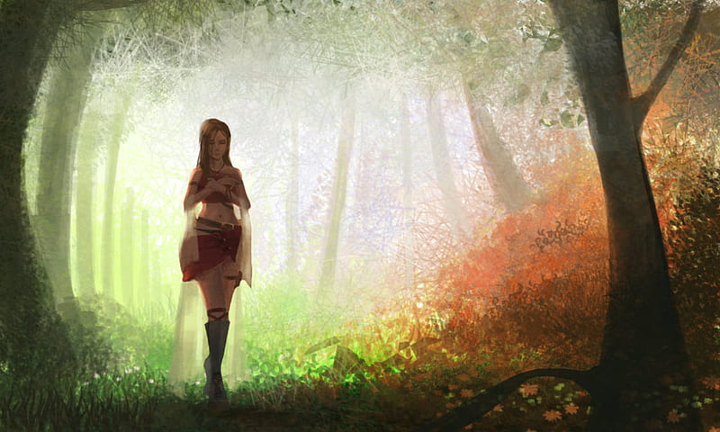 Fantasy Forest, forest, art cg, concept art, goro fujita, alone, fantasy, girl, collages, HD wallpaper