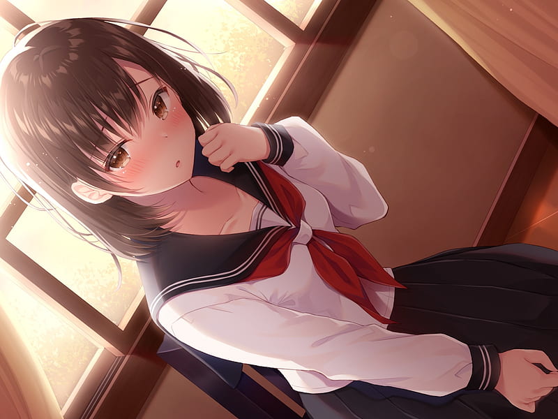 anime school girl, classroom, school uniform, brown hair, Anime, HD wallpaper