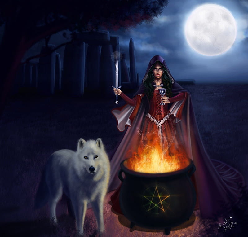 The Stonehenge witch, witch, halloween, witchcraft, magic, pentagram, Stonehenge, fantasy, moon, darkness, samhain, enchanted, night, abstract, goth, fire, dark, enchant, wolf, wolves, HD wallpaper