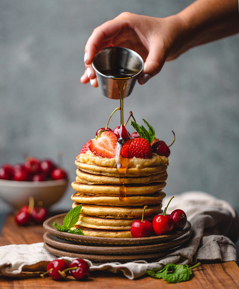 pancakes, honey, berries, strawberries, HD phone wallpaper