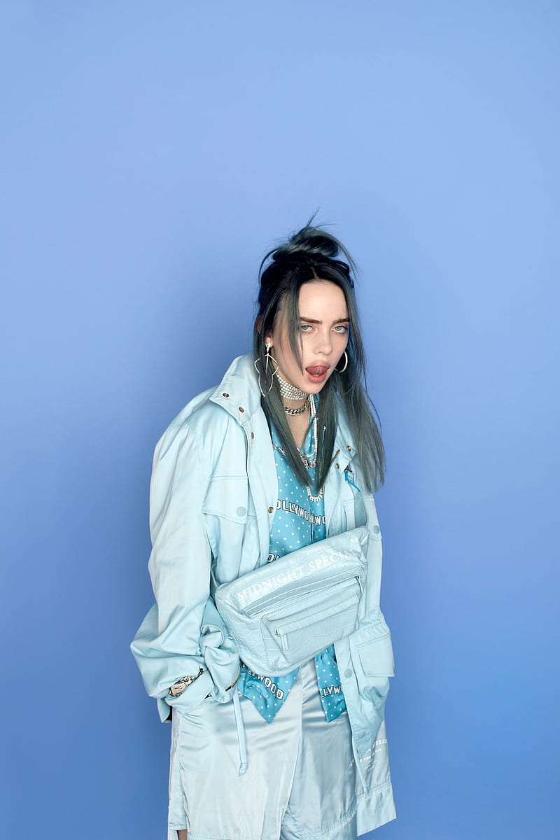 Billie Eilish, music, simple background, dark hair, tongue out, women, blue,  HD phone wallpaper | Peakpx