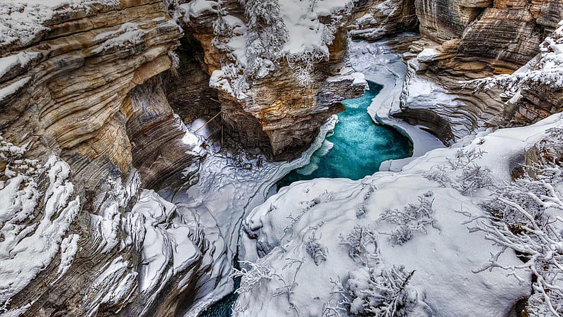 cliff, canyon, stream, river, snow, Canada, Jasper, Alberta, Athabasca, HD wallpaper