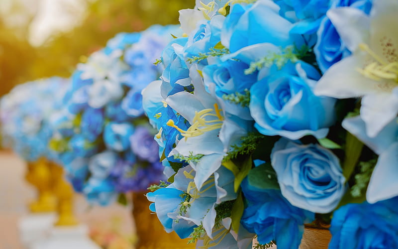 blue roses, floral decorations, wedding flower decorations, roses, lilies, blue flowers, HD wallpaper