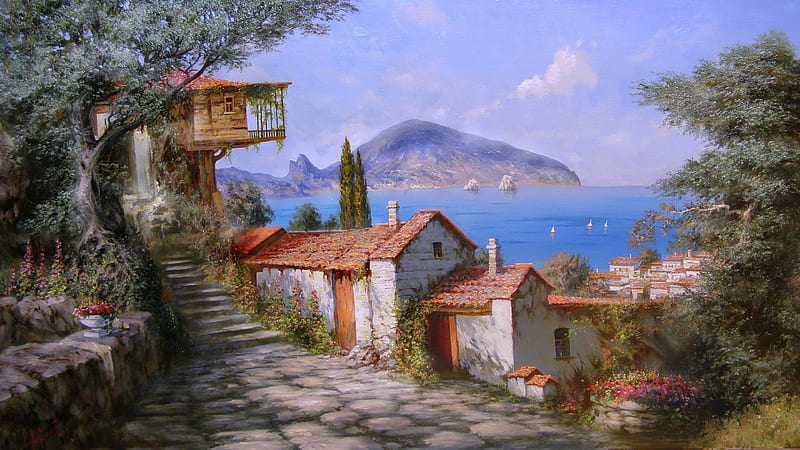 village, rural area, oil paint, acrylic, sea, mountain, Landscape, HD wallpaper