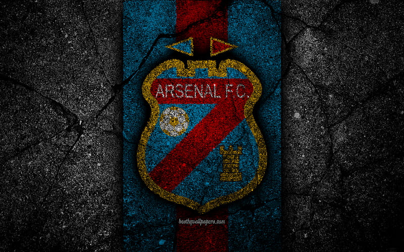 Arsenal Sarandi FC, logo, Superliga, AAAJ, black stone, Argentina, soccer, Arsenal Sarandi, football club, asphalt texture, FC Arsenal Sarandi, HD wallpaper