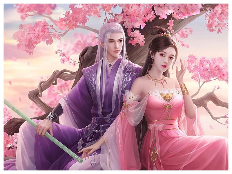 Fantasy couple, frumusete, blossom, luminos, purple, girl, spring, man, couple, fantasy, HD wallpaper