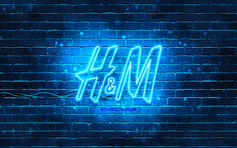H and M blue logo blue brickwall, H and M logo, fashion brands, H and M neon logo, H and M, HD wallpaper