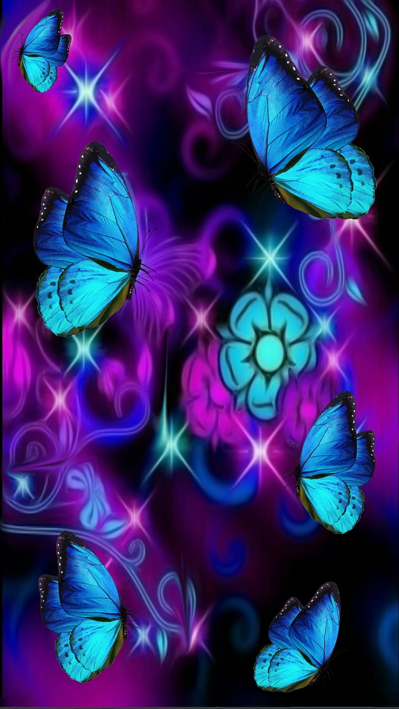 Neon Night, blossom, blue, butterfly, fairy, flower, lace, purple, stars, tail, HD phone wallpaper