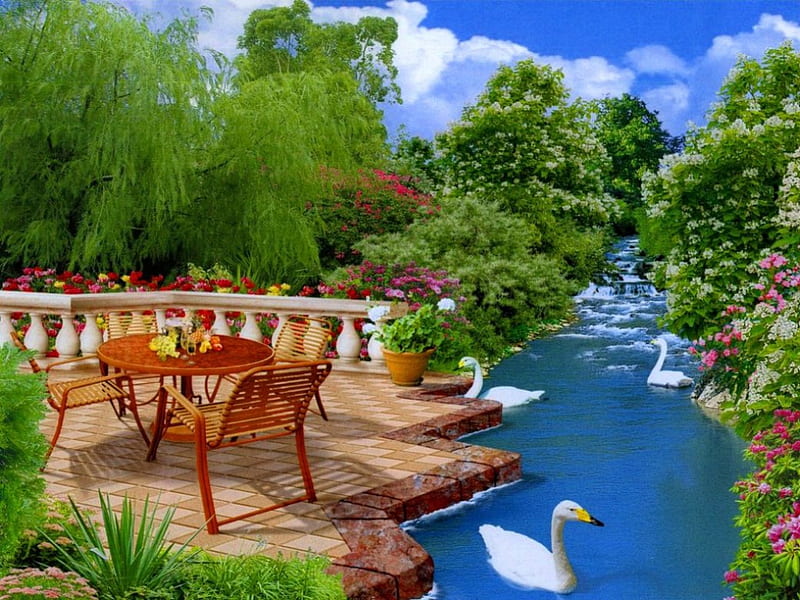 Idyll, stream, pretty, colorful, bonito, flowers, river, rest, lovely, greenery, park, sky, trees, swans, lake, pond, paradise, garden, nature, HD wallpaper