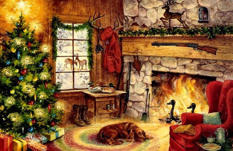 Cozy Retreat, christmas tree, window, christmas, mantle, area rug, deer, winter, garland, fire, fireplace, rifle, snow, gifts, dog, HD wallpaper