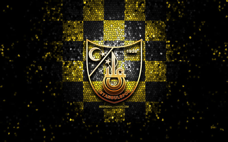 Istanbulspor FC, glitter logo, 1 Lig, yellow black checkered background, soccer, turkish football club, Istanbulspor logo, mosaic art, TFF First League, football, Istanbulspor AS, HD wallpaper