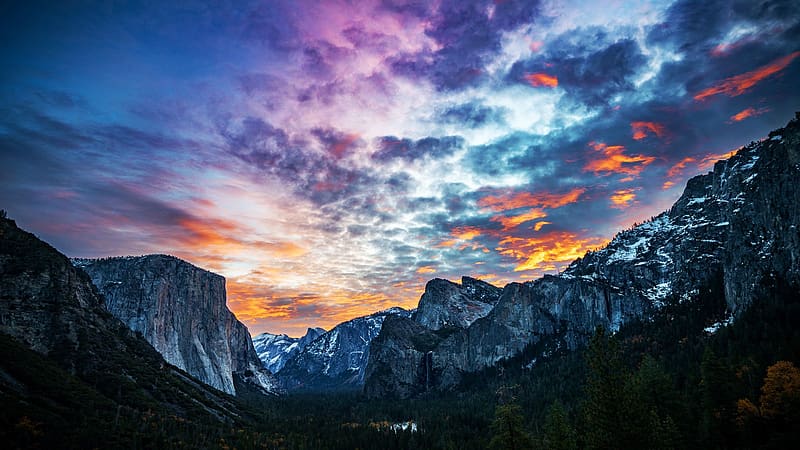Sunrise at Yosemite NP, California, rocks, usa, morning, colors, landscape, clouds, sky, HD wallpaper