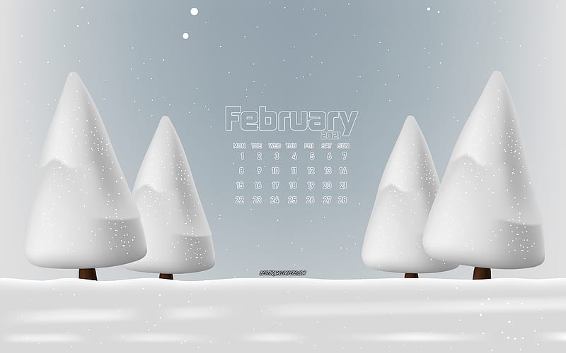 2021 February calendar winter landscape, winter, snow, 2021 calendars, February, 2021 New Year, February 2021 Calendar, HD wallpaper
