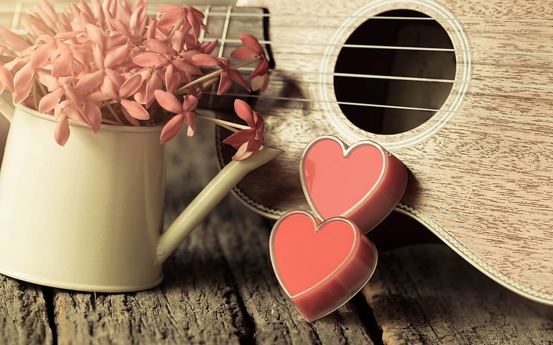 guitar, red hearts, love, two hearts, HD wallpaper