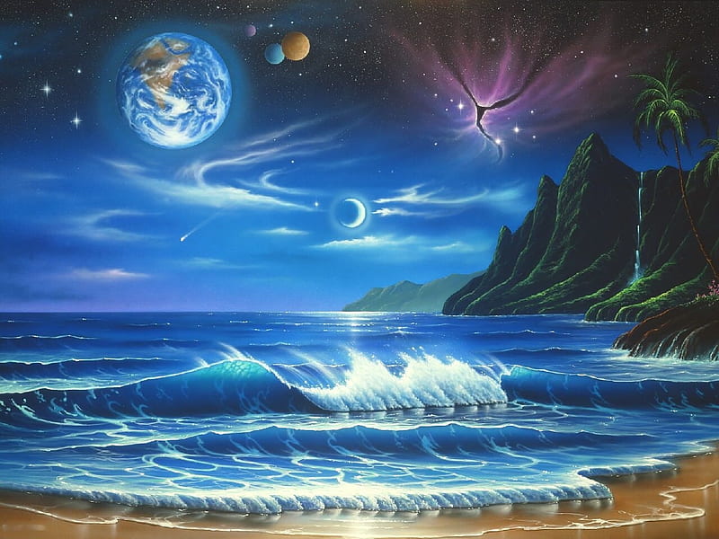 A View From Jupiter, beach, planets, art, waterfall, cliff, waves, sea, HD wallpaper