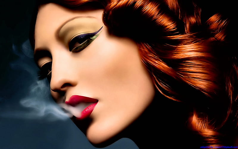 Smoking Lady, red, hair, female, beauty, smoke, woman, HD wallpaper