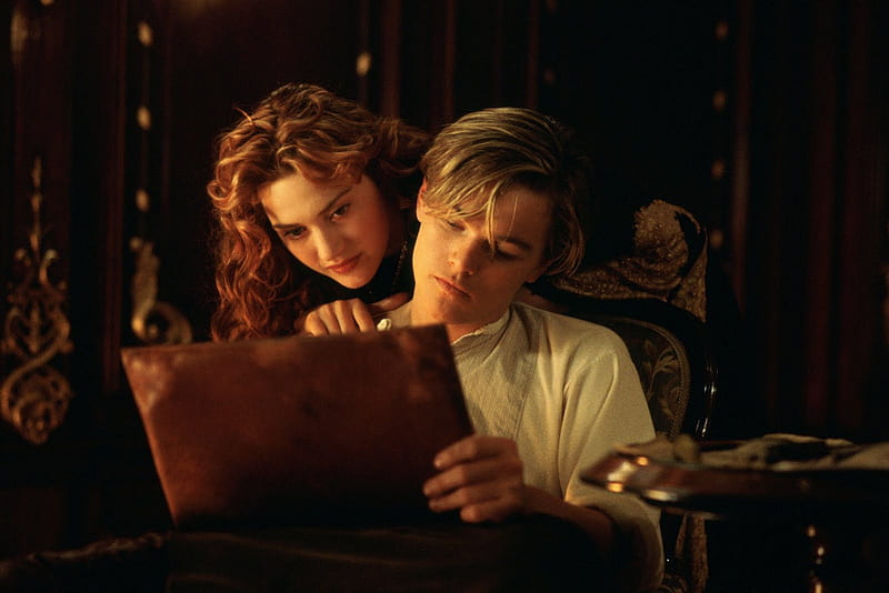 Titanic (1997), movie, redhead, black, man, woman, leonardo dicaprio, titanic, girl, actress, dark, kate winslet, love, white, couple, actor, HD wallpaper