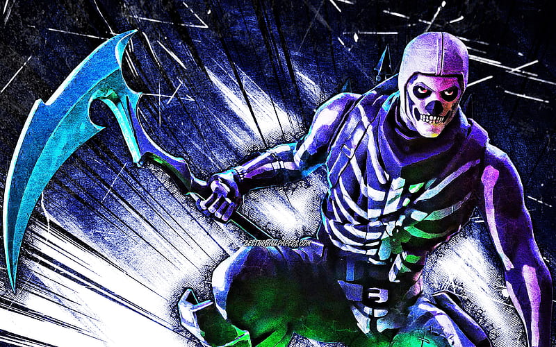 Skull Trooper with axe, grunge art, 2020 games, Fortnite Battle Royale, Skull Trooper, Fortnite characters, Skull Trooper Skin, blue abstract rays, Fortnite, Skull Trooper Fortnite, HD wallpaper