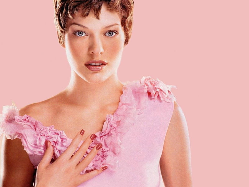 Milla Jovovich, pretty blue eyes, female, actress, sexy pink dress, nice short hair, HD wallpaper