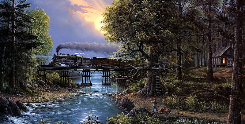 At The River Crossing, crows nest, sunset, steam, water, train, crossing, painting, river, woodland, HD wallpaper