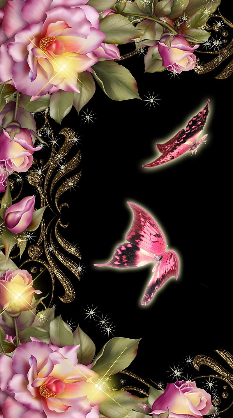 Mariposa y flor, 3d, negro, flores, purpurina, bonito, rosa, Fondo de  pantalla de teléfono HD | Peakpx