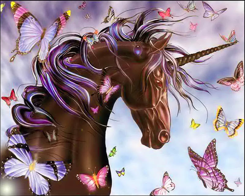 Unicorn and butterflies, unicorn, hose, colors, butterflies, clouds, sky, HD wallpaper