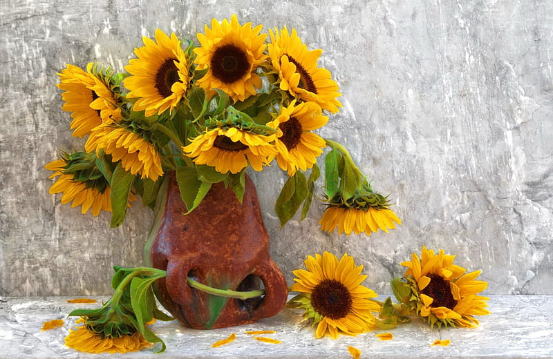 Bouquet of sunflowers, pretty, lovely, vase, bonito, still life, nice