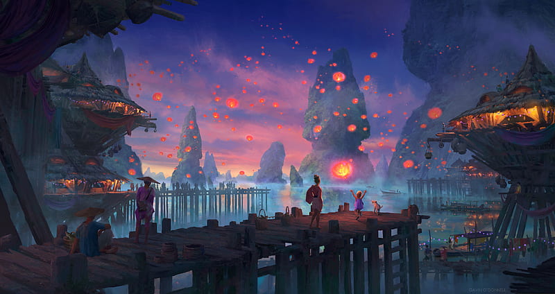 fantasy asian landscape, lanterns, crowd, festival, pier, Fantasy, HD wallpaper