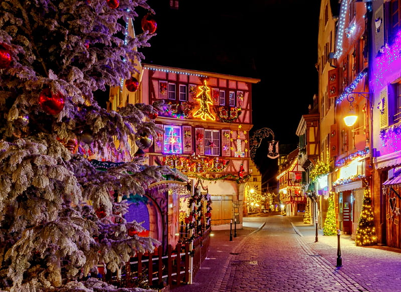 Christmas Market in Colmar, Christmas, Lights, Colmar, Market, bonito, HD wallpaper