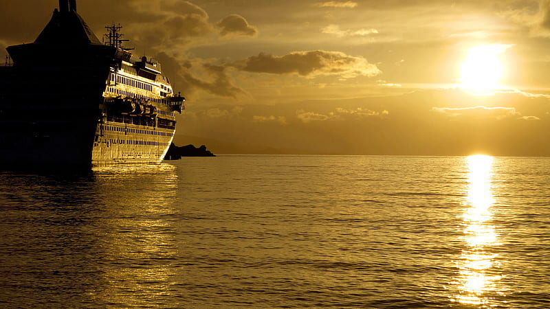 Black Cruise Ship On Golden Color Sea During Evening Cruise Ship, HD wallpaper