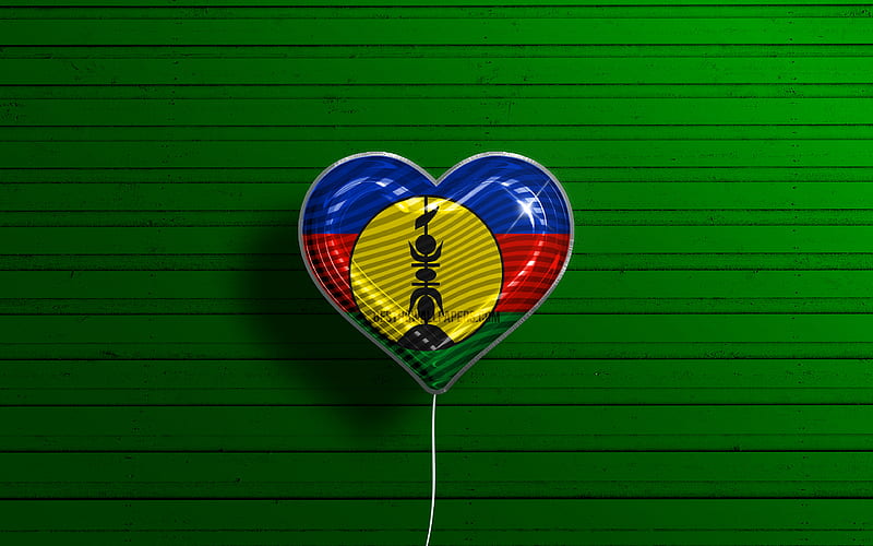 I Love New Caledonia realistic balloons, green wooden background, Oceanian countries, New Caledonian flag heart, favorite countries, flag of New Caledonia, balloon with flag, New Caledonian flag, Oceania, Love New Caledonia, HD wallpaper