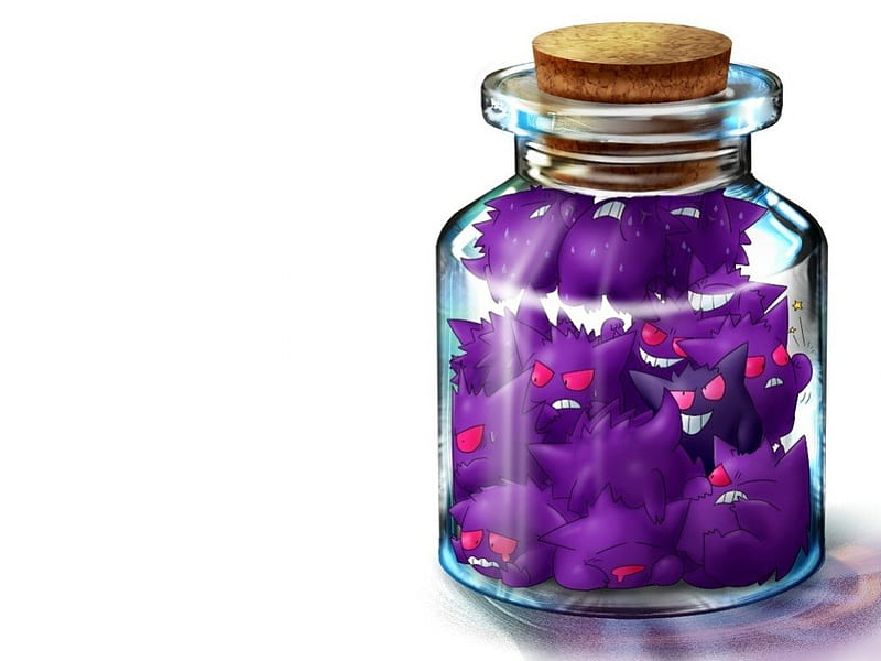 Gengar in the Jar, bottle, trap, pokemon, plain, cute, kawaii, purple, gengar, jar, anime, inside, simple, white, HD wallpaper