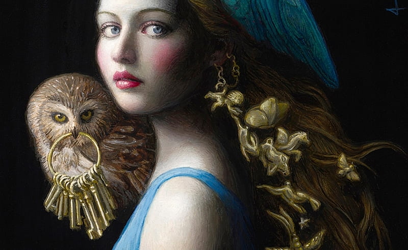 bufnita, girl, painting, face, chie yoshii, key, art, owl, fantasy ...