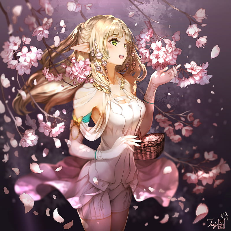 blonde, pointed ears, flowers, green eyes, elves, anime girls, cherry blossom, HD phone wallpaper