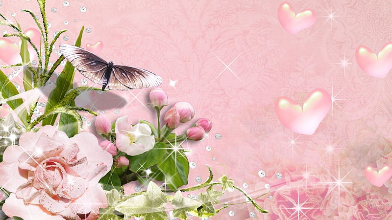 Hearts and Flowers, valentines day, stars, sakura, spring, corazones, diamonds, apple blossoms, cherry blossoms, babys breath, butterfly, bubbles, flowers, pink, Firefox Persona theme, HD wallpaper