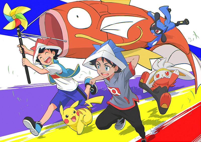 Pokémon, Ash Ketchum, Blue Eyes, Boy, Goh (Pokémon), Pikachu, Raboot (Pokémon), Riolu (Pokémon), HD wallpaper