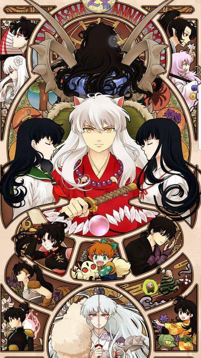 Inuyasha gang, anime, crew gang, demon, evil, good, inuyasha, kagome, HD phone wallpaper