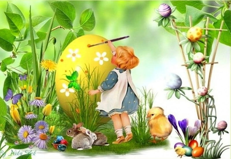 Easter preparations, little, holidays, colored, vegetation, flowers, brushes, paint, colors, spring, creative, abstract, Easter, girl, plants, eggs, bunnies, preparations, chicks, HD wallpaper