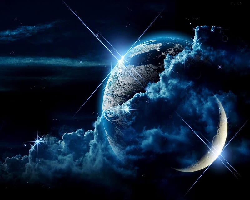 Earth, clouds, dark, galaxy, moon, outer space, sci fi, space, stars, HD wallpaper