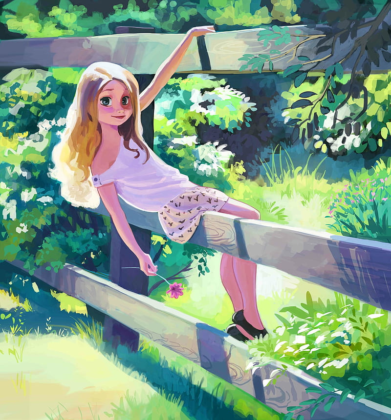 girl, art, summer, fence, walk, HD phone wallpaper