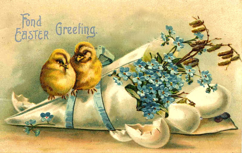 Happy Easter!, chicken, yellow, easter, spring, card, egg, flower, blue, vintage, HD wallpaper