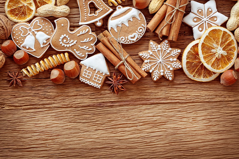 gingerbread christmas, snowflake, gingerbread, christmas, heart, dove, HD wallpaper